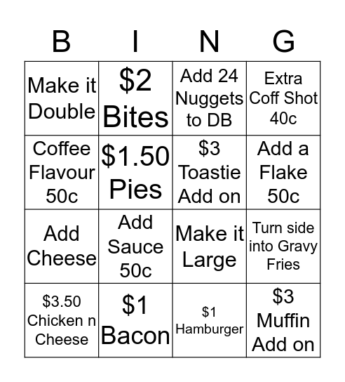 Murwillumbah McDonald's Bingo Card