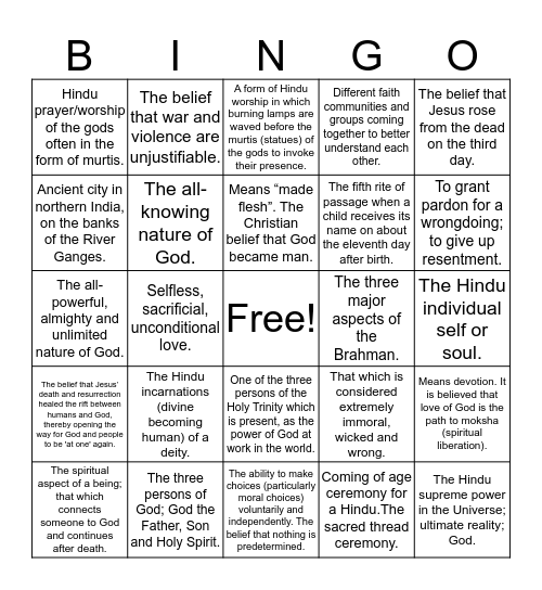 Ethical Studies key word BINGO Card