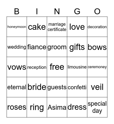 Asima's  Bridal Bingo Card