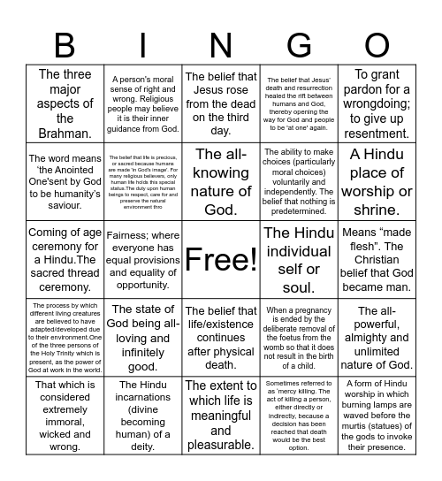 Ethical Studies key word BINGO Card