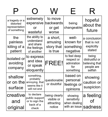 Power Word Review Bingo! Bingo Card
