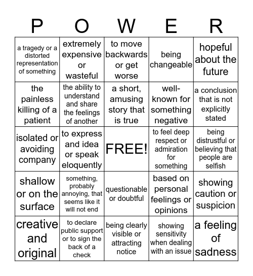 Power Word Review Bingo! Bingo Card