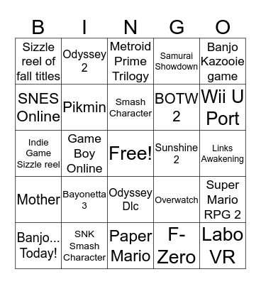 Nintendo Direct Bingo Card