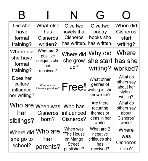 Sandra Cisnero Research Bingo Card