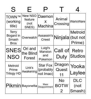 Nintendo Direct - September 4, 2019 Bingo Card