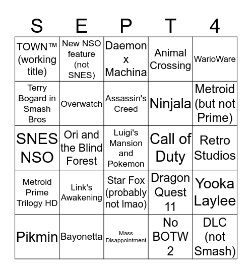 Nintendo Direct - September 4, 2019 Bingo Card