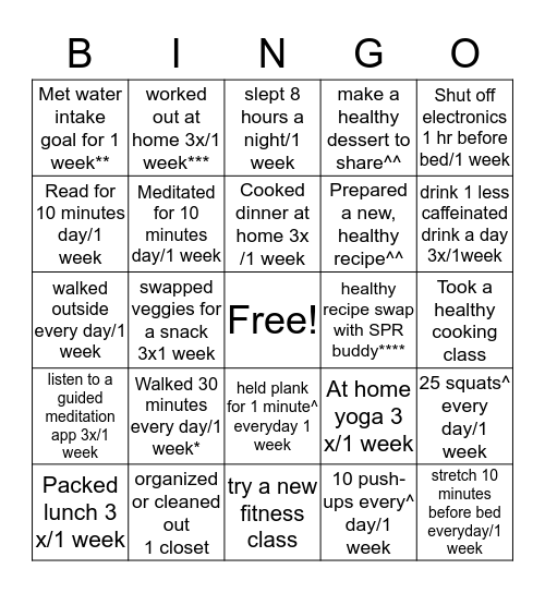 Wellness  Bingo Card