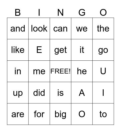 Sight Word Bingo Card