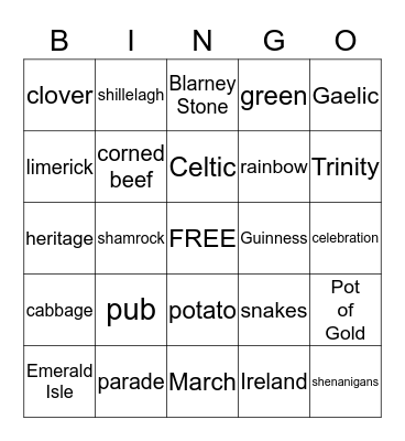 St. Patrick's Day Bingo Card