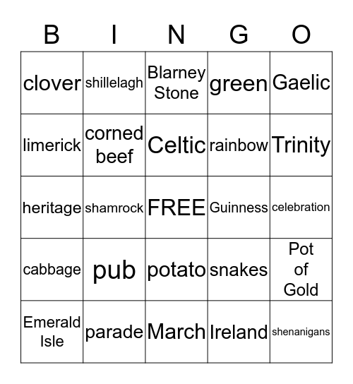 St. Patrick's Day Bingo Card