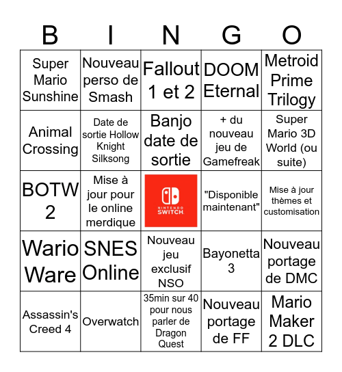 Nintendo Direct Septembre 2019 Bingo Card