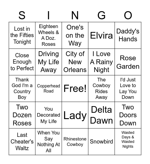 70's and 80's Country Hits Bingo Card