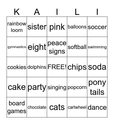 Kaili Bingo Card
