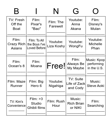 Asians in Films/TV/Media! Bingo Card