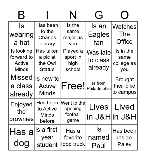 Active Minds Bingo Card