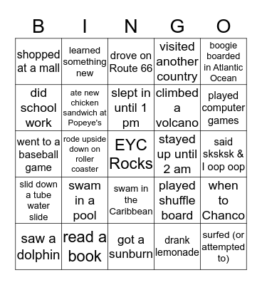 Summer Adventures 2019 Bingo Card