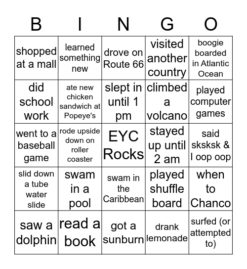 Summer Adventures 2019 Bingo Card