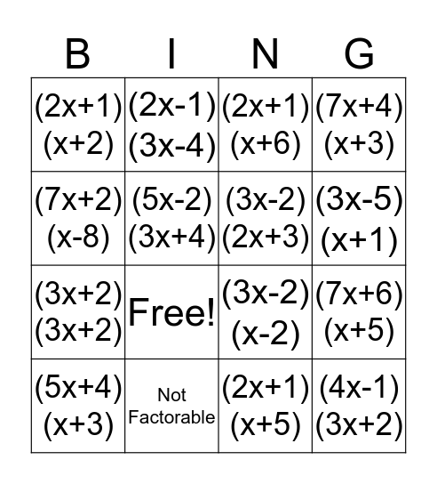 Factoring Bingo Card