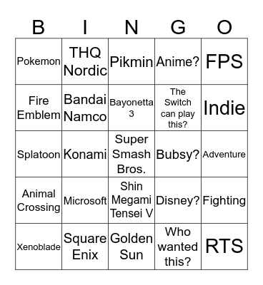 Nintendo Direct Bingo Card