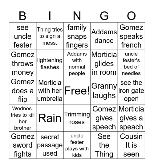Addams Family  Bingo Card