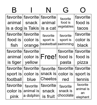 Beginner Favorite Bingo Card