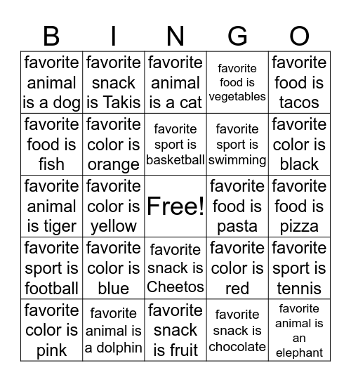 Beginner Favorite Bingo Card