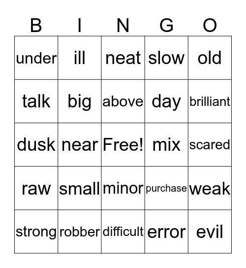 Synonyms and Antonyms Bingo Card