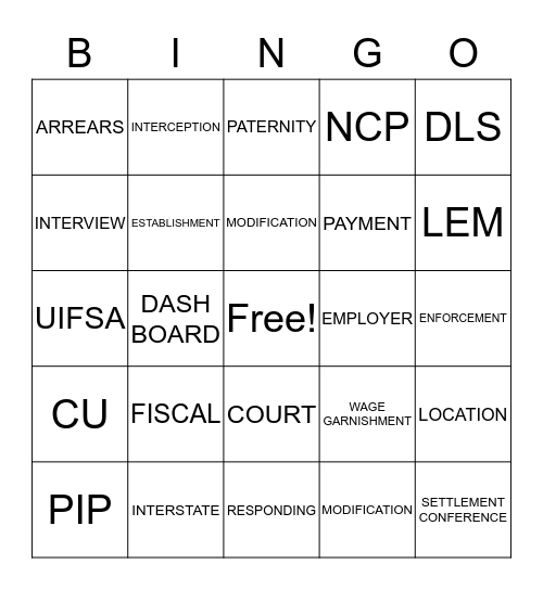 CHILD SUPPORT BINGO Card