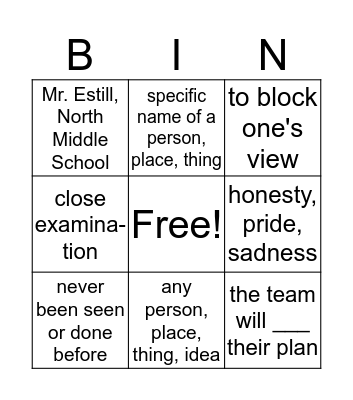 Vocabulary 1 and Nouns Bingo Card