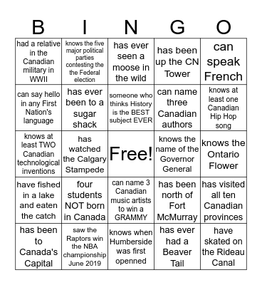 Intro to Canadian History students Bingo Card