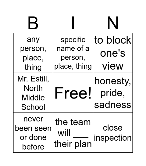 Vocabulary 1 and Nouns Bingo Card
