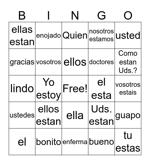 Estar, Ser and Subject Pronouns Pages 14-17 Bingo Card