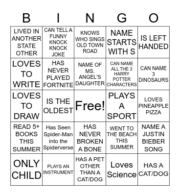 Getting To Know Your Classmates Bingo Card