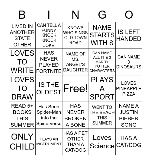 Getting To Know Your Classmates Bingo Card