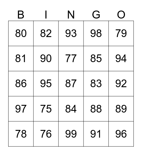 Number 75-99 Bingo Card