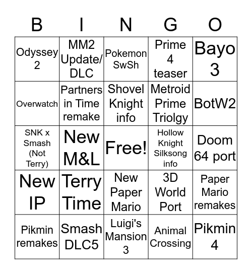 Nintendo Direct | 9.4.19 Bingo Card