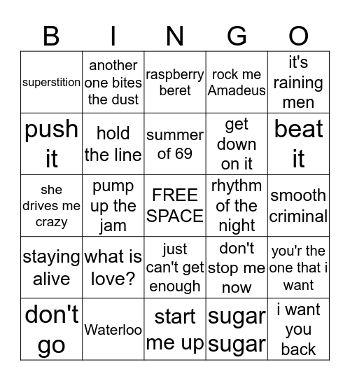 music bingo ALL SING ALONG 70S AND 80S Bingo Card