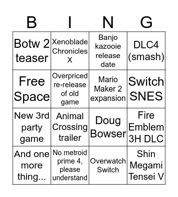 Nintendo Direct September 2019 Bingo Card