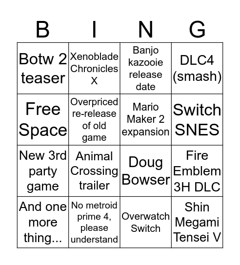 Nintendo Direct September 2019 Bingo Card