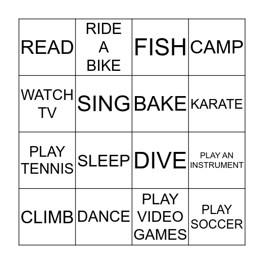 Free Time Activities  Bingo Card