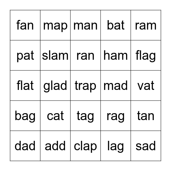 Short /a/ words Bingo Card
