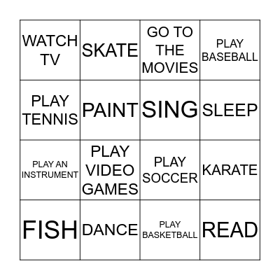 FREE TIME ACTIVITIES  Bingo Card