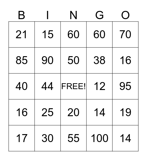 Number Bingo Card