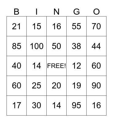 Number Bingo Card