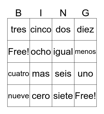 Numeros 0 a 10 Bingo Card