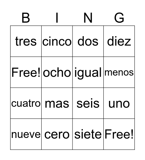 Numeros 0 a 10 Bingo Card