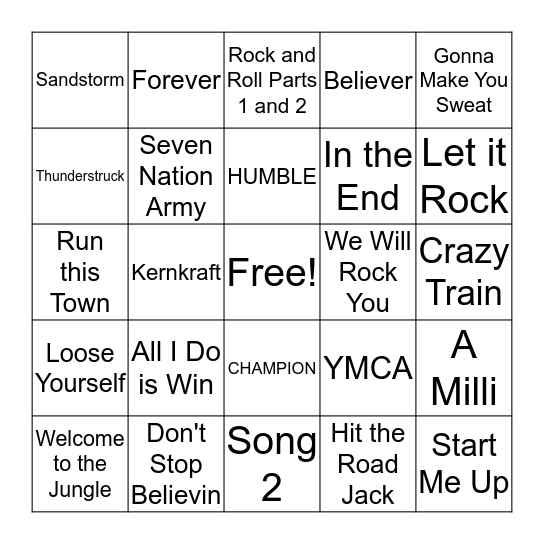 Pump Up Songs Bingo Card