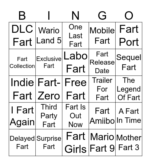 Nintendo Direct Bingo Card