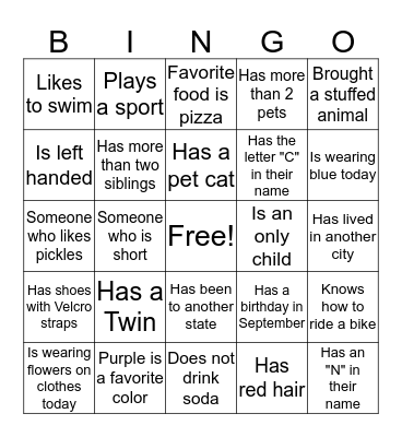 Find A Friend BINGO Card