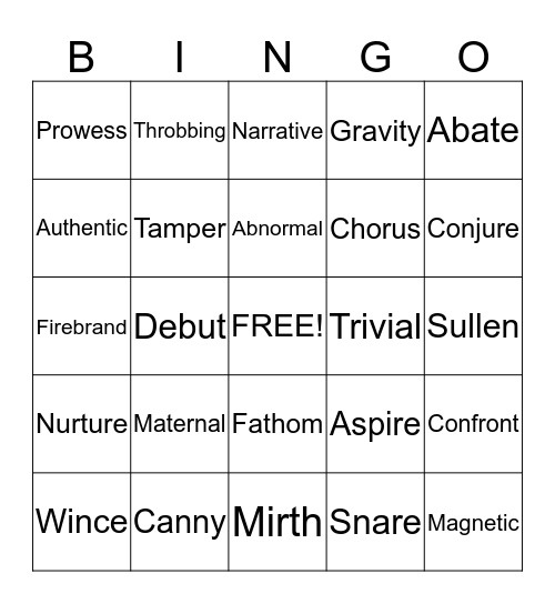 Vocabulary Bingo 1 Bingo Card